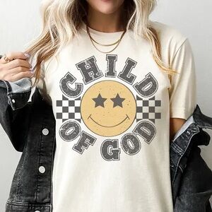 Child of God shirt cotton unisex size large cream smiley face